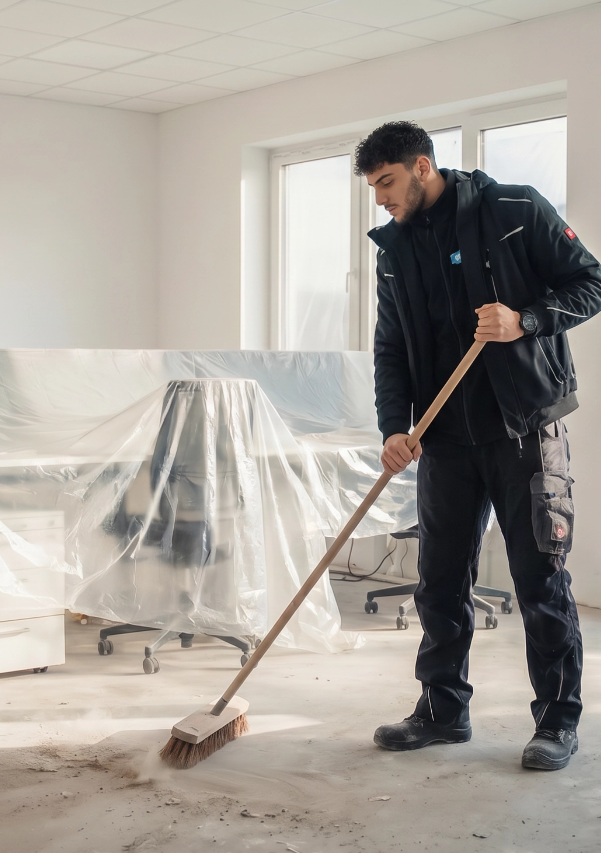CleanFix Service Baureinigung Bauschlussreinigung CleanFix Service Mitarbeiter kehrt Baustaub in frisch renoviertem Büro — Baureinigung und Bauschlussreinigung