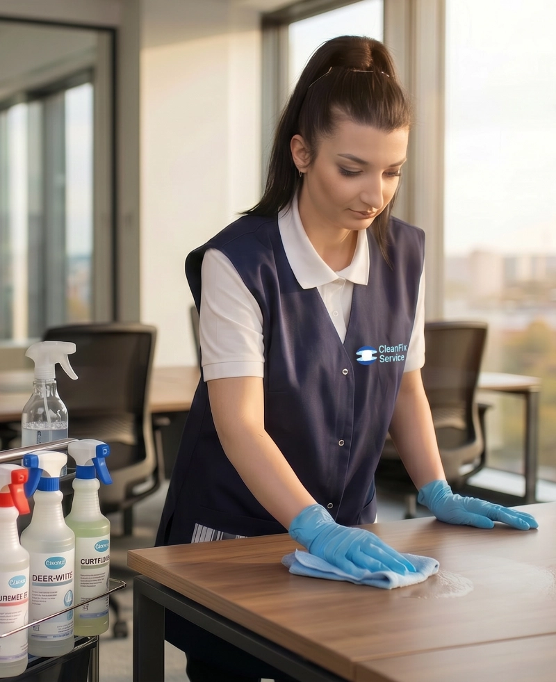 CleanFix Service Desinfektionsreinigung Büro CleanFix Service Mitarbeiterin desinfiziert Schreibtisch in Büro mit Schutzhandschuhen Desinfektionsreinigung